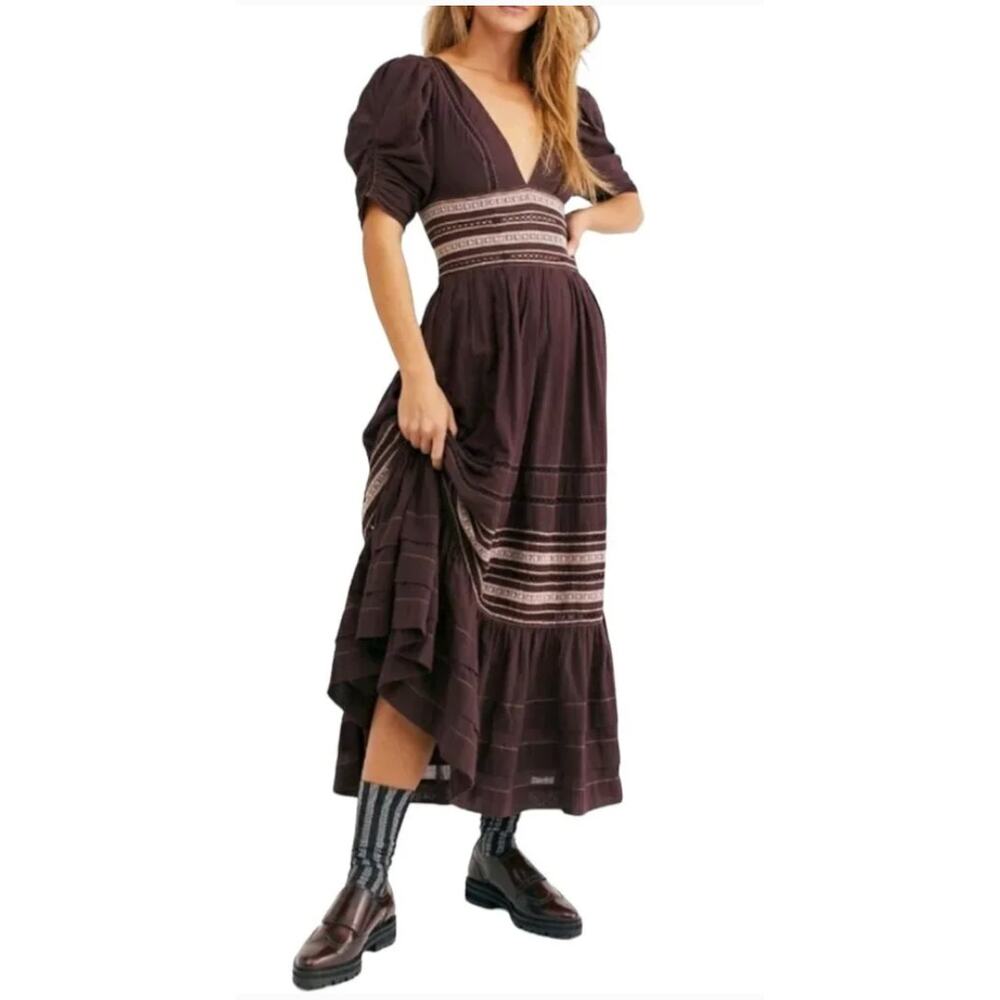 NWT Free People Delicacy Maxi Dress Plum Brown Prairie Cottagecore Boho SIZE 8